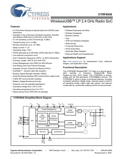 Cypress CYRF6936 WirelessUSB LP Datasheet - cover page