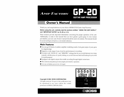 BOSS GP-20 Guitar Amp Processor Owner's Manual - cover page