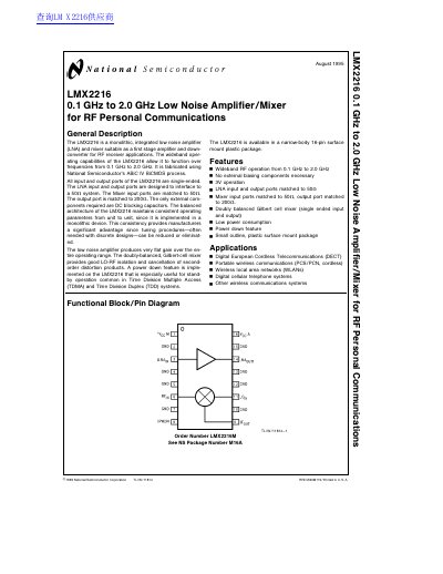 National Semiconductor LMX2216 Low Noise Amplifier/Mixer Datasheet - cover page