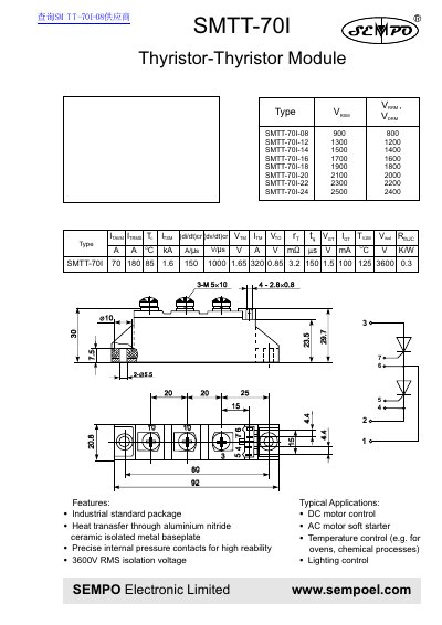 SEMPO SMTT-70I Series Thyristor-Thyristor Module Datasheet - cover page