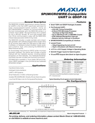 Maxim MAX3100 UART SPI/MICROWIRE-Compatible Datasheet - cover page