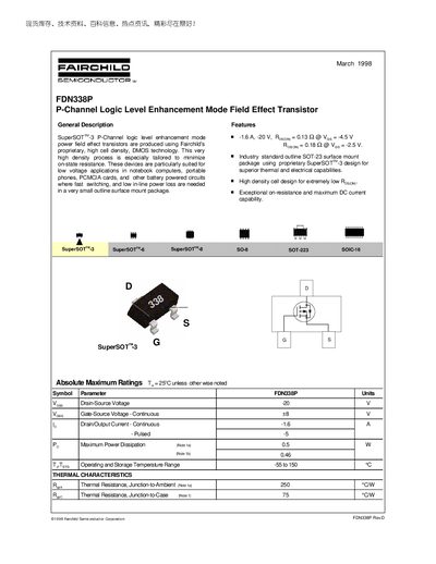 Fairchild FDN338P P-Channel Logic Level Enhancement Mode Field Effect Transistor Datasheet - cover page