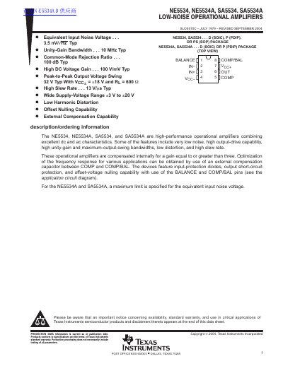 Texas Instruments NE5534/NE5534A/SA5534/SA5534A Low-Noise Operational Amplifiers Datasheet - cover page