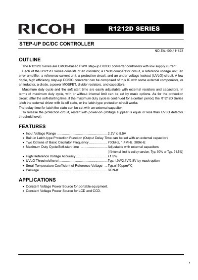 Ricoh R1212D Series Step-Up DC/DC Controller Datasheet