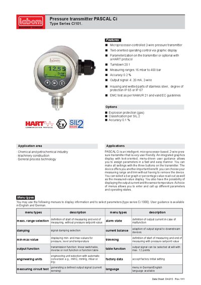 PASCAL CI101 Pressure Transmitter Data Sheet