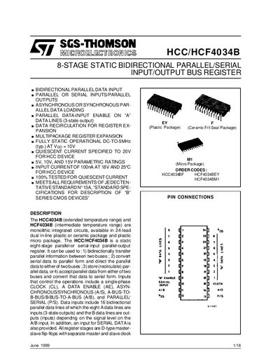 SGS-THOMSON HCC/HCF4034B 8-Stage Static Bidirectional Parallel/Serial Bus Register Datasheet - cover page