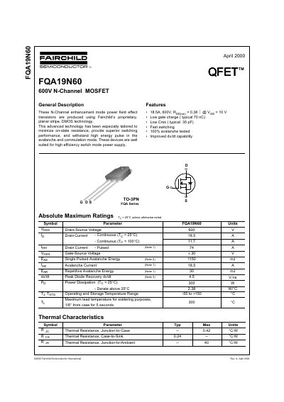 Fairchild FQA19N60 N-Channel MOSFET Datasheet - cover page