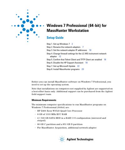Agilent Windows 7 Professional (64-bit) for MassHunter Workstation Setup Guide - cover page