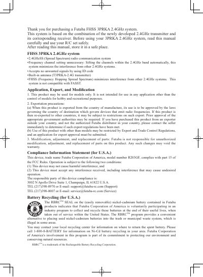 Futaba FHSS 3PRKA 2.4GHz System User Manual
