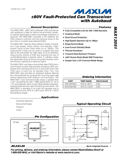 Maxim MAX13051 +80V Fault-Protected CAN Transceiver Datasheet - cover page
