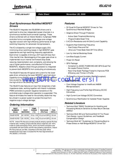 Intersil ISL6210 Preliminary Data Sheet - cover page