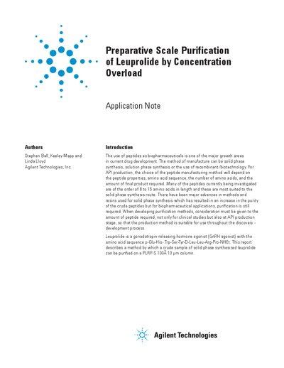 Agilent PLRP-S 100A Leuprolide Purification Application Note - cover page