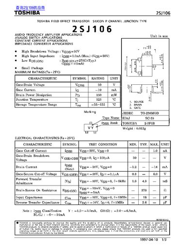 Toshiba 2SJ106 Field Effect Transistor Datasheet - cover page