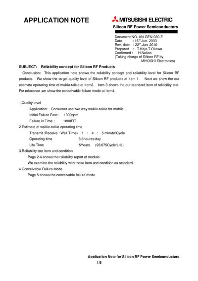 Mitsubishi Electric Silicon RF Products Reliability Concept Application Note - cover page