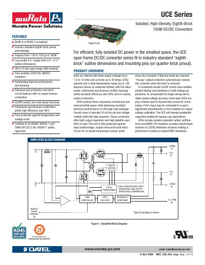Murata UCE Series Isolated High-Density Eighth-Brick 100W DC/DC Converters Handbook - cover page