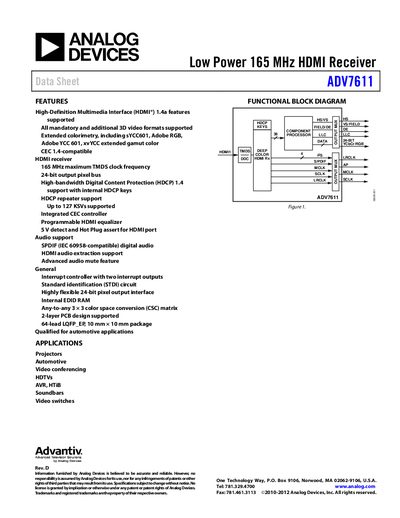 Analog Devices ADV7611 HDMI Receiver Datasheet - cover page