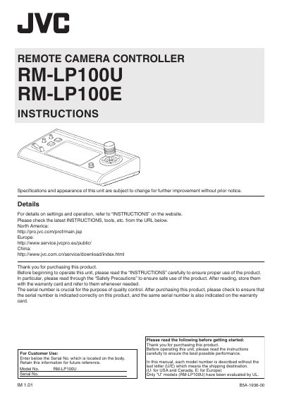 JVC RM-LP100U / RM-LP100E Remote Camera Controller User Manual - cover page