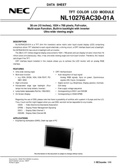NEC NL10276AC30-01A TFT LCD Module Datasheet - cover page