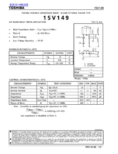 Toshiba 1SV149 Variable Capacitance Diode Datasheet - cover page