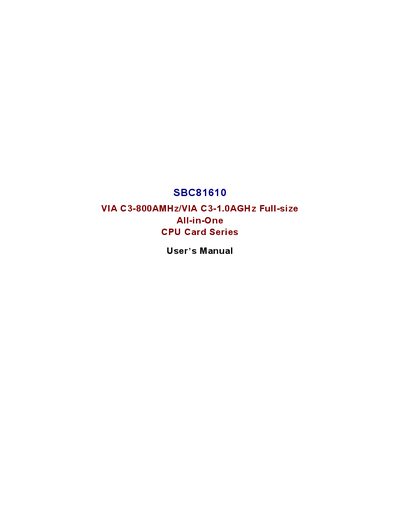 SBC81610 VIA C3-800AMHz/VIA C3-1.0AGHz Full-size All-in-One CPU Card Series User Manual - cover page