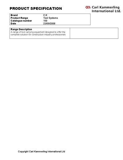CK PRODUCT SPECIFICATION Brand C.K Product Range Tool Systems Catalogue number 150 Date 23/09/2008  - cover page