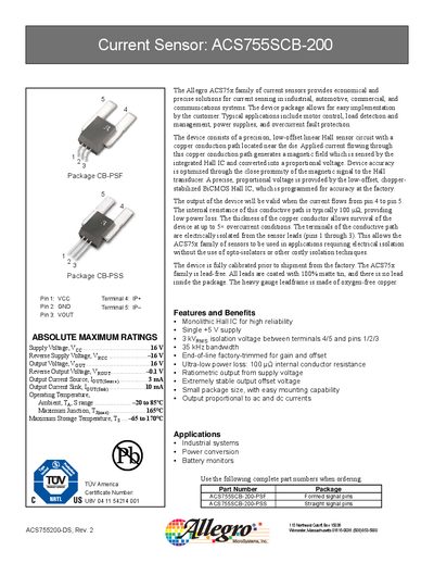 Allegro ACS755SCB-200 Current Sensor Datasheet - cover page