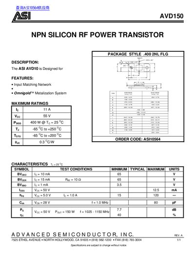ASI AVD150 NPN Silicon RF Power Transistor Datasheet - cover page