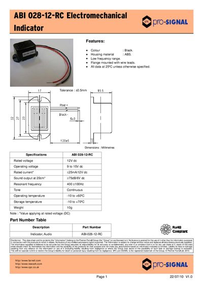 Pro SIGNAL ABI 028-12-RC Electromechanical Indicator Datasheet - cover page