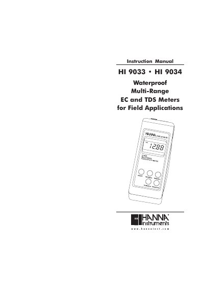 Hanna Instruments HI 9033/9034 Waterproof Multi-Range EC and TDS Meters Instruction Manual - cover page