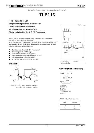 Toshiba TLP113 Photocoupler Datasheet - cover page