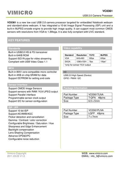Vimicro VC0361 USB 2.0 Camera Processor Datasheet - cover page
