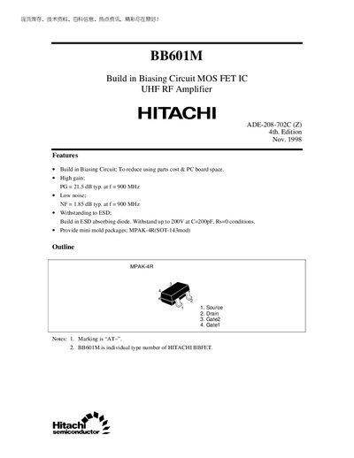 Hitachi BB601M MOS FET UHF RF Amplifier Manual