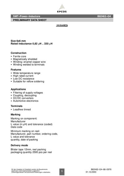EPCOS B82462-G4 SMT Power Inductor Datasheet - cover page