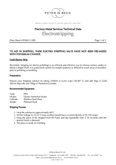 Precious Metal Services PMS1112ES Electrostripping Data Sheet - cover page