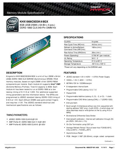 Kingston KHX1866C9D3K4/8GX Memory Module Datasheet