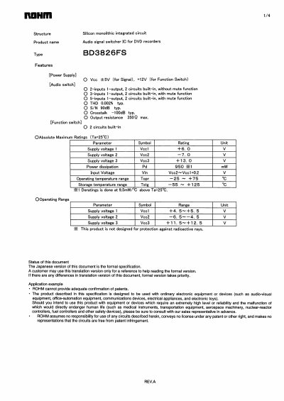 ROHM BD3826FS Audio Signal Switcher Datasheet - cover page