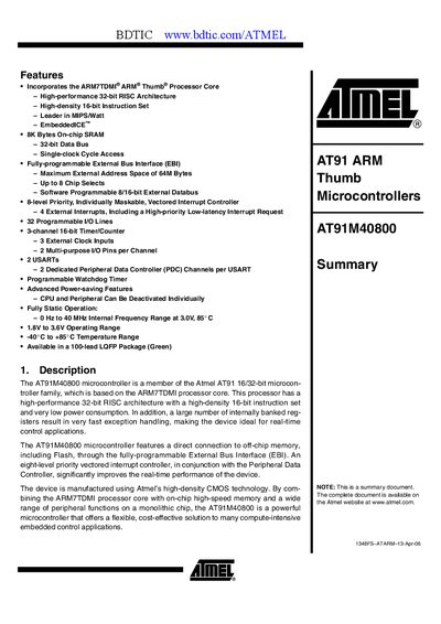 Atmel AT91M40800 Summary Datasheet - cover page