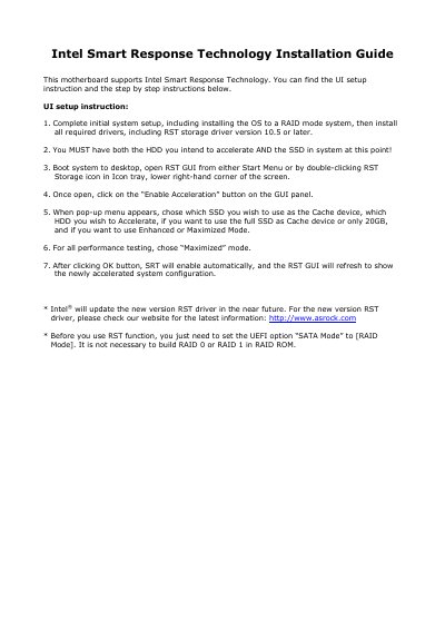 ASRock Smart Response Technology Installation Guide - cover page