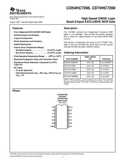 TEXAS INSTRUMENTS CD54HC7266 CD74HC7266 High-Speed CMOS Logic Quad 2-Input EXCLUSIVE NOR Gatehandbook - cover page