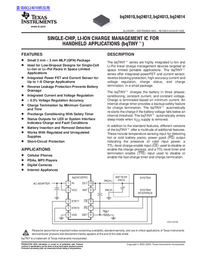 Texas Instruments bq24010/24012/24013/24014 Single-Chip Li-Ion Charge Management IC Datasheet - cover page