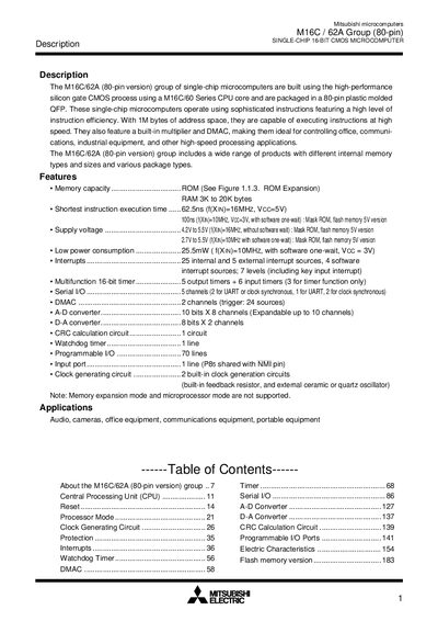 Mitsubishi Electric M16C/62A Group (80-pin) Single-Chip 16-Bit CMOS Microcomputer Datasheet - cover page