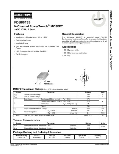 Fairchild FDB86135 N-Channel PowerTrench MOSFET Datasheet - cover page