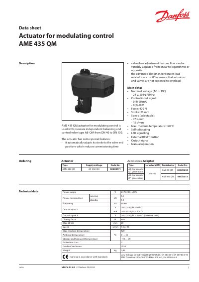 Danfoss AME 435 QM Actuator Data Sheet - cover page