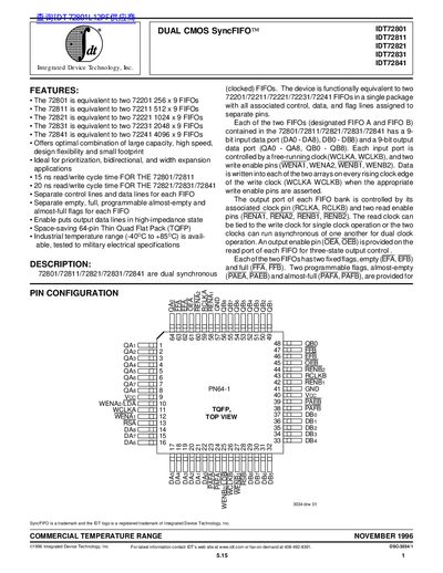 Integrated Device Technology IDT72841 DUAL CMOS SyncFIFO™ Datasheet - cover page
