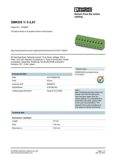Phoenix Contact SMKDS 1/3-3,81 Terminal Block Datasheet - cover page