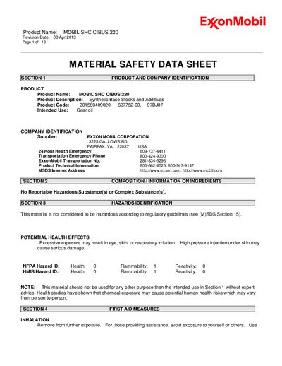 Exxon Mobil SHC CIBUS 220 Material Safety Data Sheet