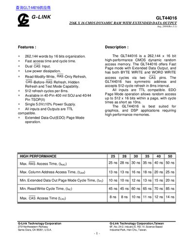 G-LINK GLT44016 256K x 16 CMOS Dynamic RAM Datasheet - cover page