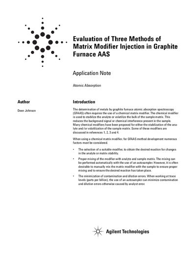 Agilent Technologies Evaluation of Three Methods of Matrix Modifier Injection in Graphite Furnace AAS Application Note - cover page