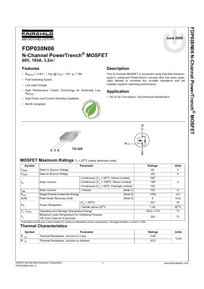 Fairchild FDP030N06 N-Channel PowerTrench MOSFET Datasheet - cover page