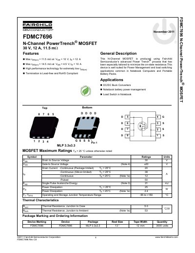 Fairchild Semiconductor FDMC7696 N-Channel MOSFET Datasheet - cover page